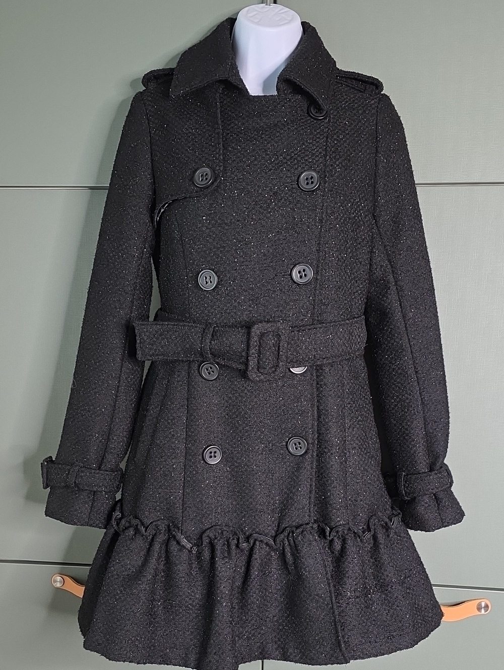 902U. BB Dakota Sparkly Black Tweed Ruffle Hem Double Breasted Peacoat